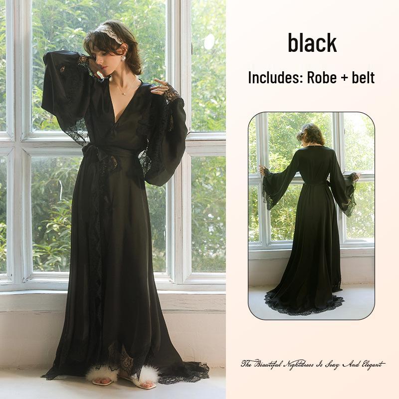Black & White Satin Lace Patchwork Robe with V-Neck Bell Sleeves In French Court Style