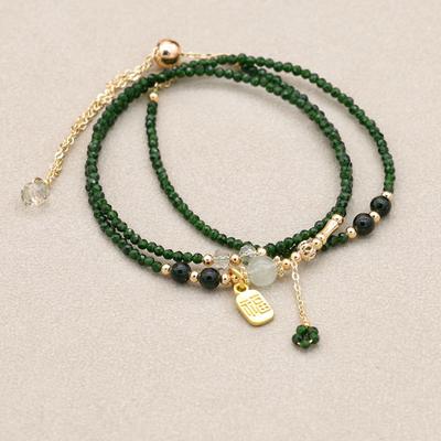 Handgemaakte Armbanden Ketting Dubbeldoel 2MM Drie Laags Groene Kristal Kralen Boheemse Kralen Bedel Armband Dames Sieraden