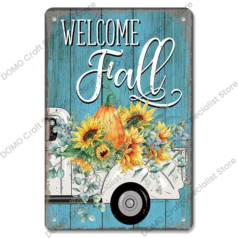 Welcome Poster Metal Plate Vintage Pumpkin Sunflower Bird Metal Tin Signs Wall Decor Garden Door Cafe Party