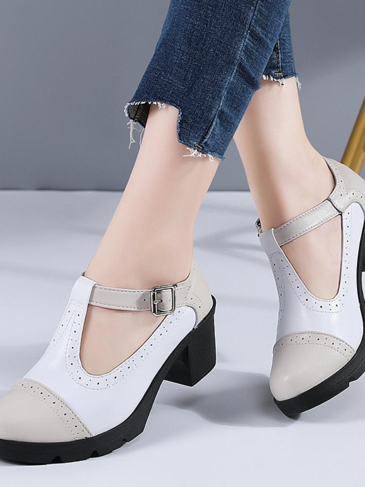 New Women Genuine Leather Buckle Strap Mary Janes Platform Shoes Woman Pumps High Heels Dress Shoes Retro Ladies Wedding Shoes