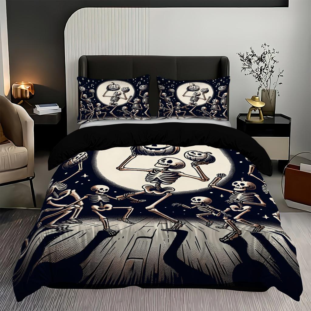3-piece Halloween themed skeleton and pumpkin patterned duvet cover set, 1 duvet cover+2 pillowcases, coreless