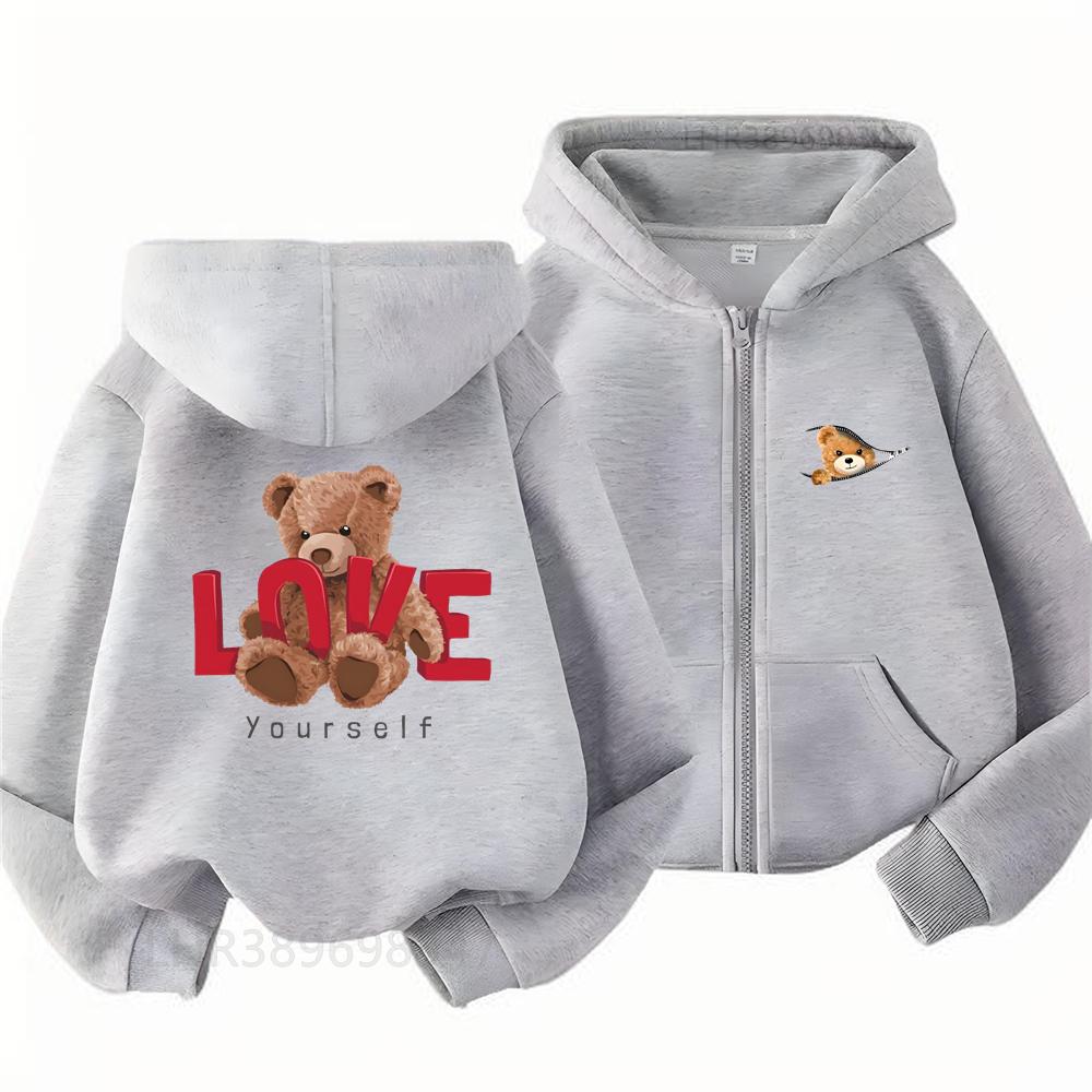 Children Zipper Hoodies Tops little bear Print Boy Black Girls Pink Sweatshirt Coat Long Sleeve Casual Cardigan Hooded