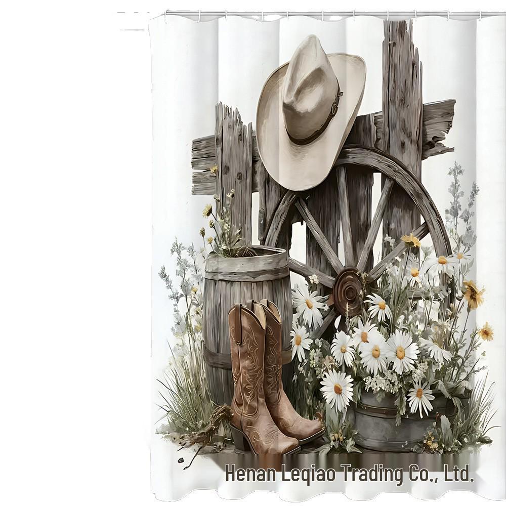 Farmhouse Market Design 4-Piece Bathroom Shower Curtain Set with 12 Hooks, Country Style Home Decor