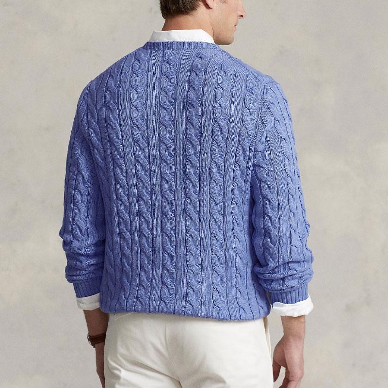 Polo Ralph Lauren FW22 Color Sólido Pequeño Pony Bordado Punto Cable Cuello Redondo Manga Larga Suéter Hombre suéter Azul 710775885-037