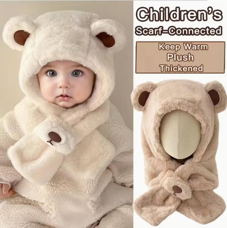2-6Y Kids Cartoon Bear Hooded Hat and Scarf Combo - Thickened Warm Ear Protection for Skiing, Parties, Outdoor Activities