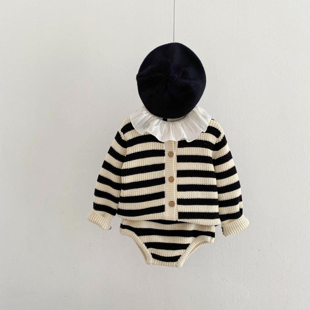 Autumn 2025 Striped Cotton Romper & Cardigan Set for Toddlers