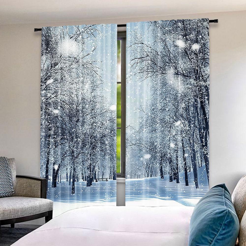 2Pcs Forest Curtains Snowy Trees Of The Farmhouse Wildlife Scenery In Frosty Winter Park Living Room Bedroom Window Drapes
