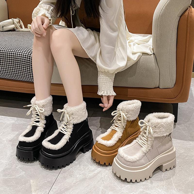 Women's Soft Lace-up Elastic Winter Warm Cold Padded Snow Boots Thick Bottom Non-slip Wear-resistant Outdoor Leisure Sports Fur Cotton Boots
