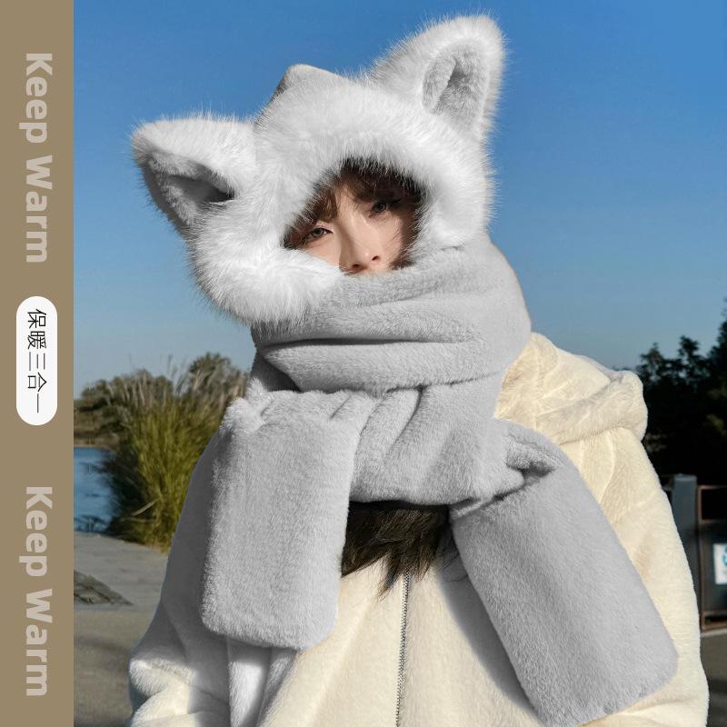 Winter female cute fox ear hat double layer thickened scarf hat gloves three-piece warm plush pullover hat