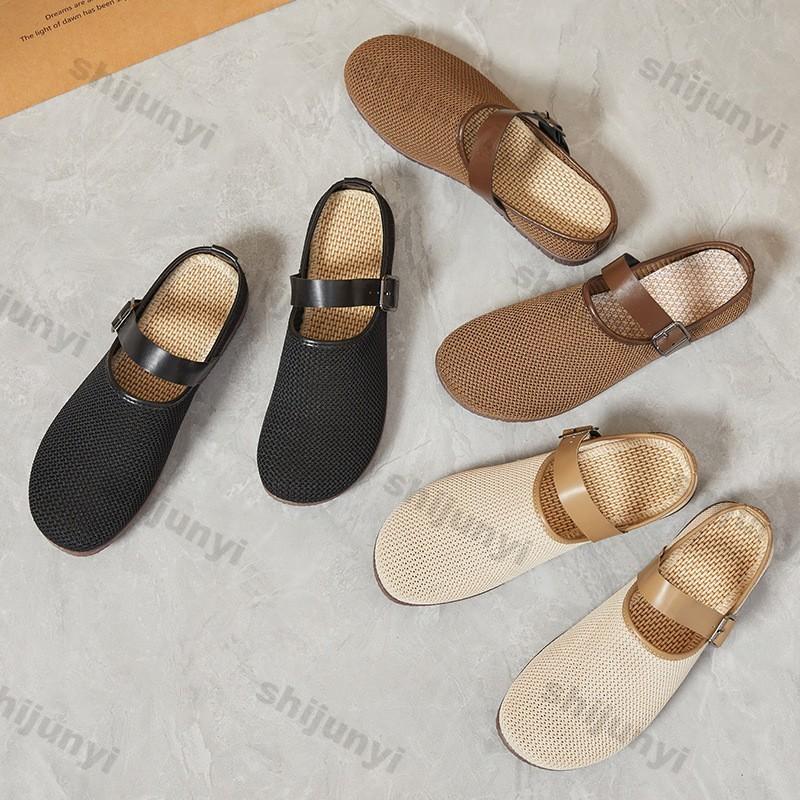 Fashion Women's Fly Weave Mesh Shoes Fashion Buckle Strap Lightweight Comfortable Casual Half Slippers Breathable Mesh Slip On Sandals