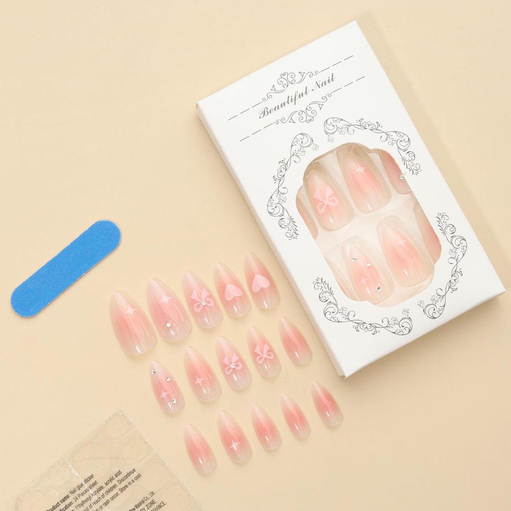 French Chic Heart Bow Star Wearable Nails - Sweet European & American Medium Long Designs