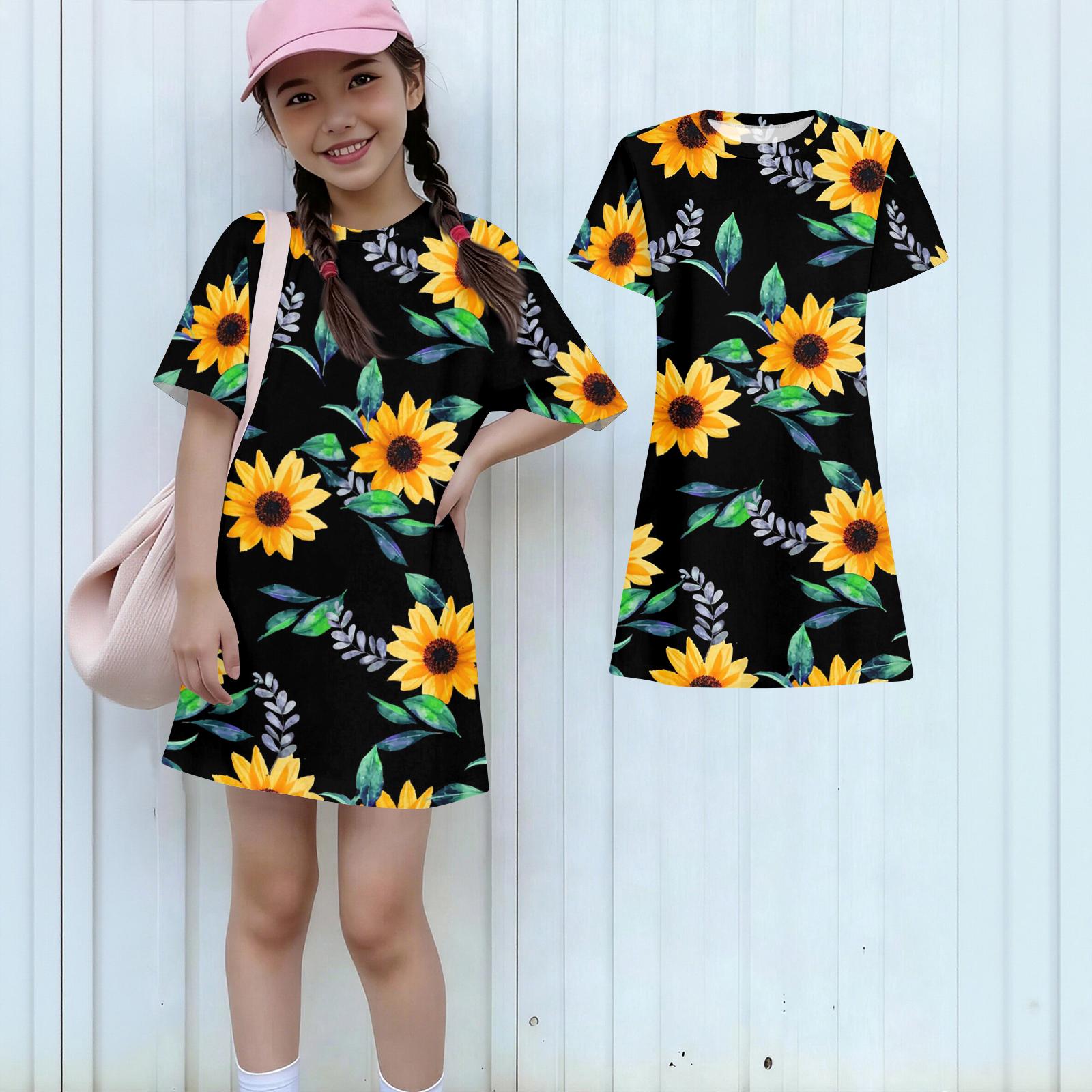 

Girls Print Casual Dress Kids Loose Round Neck Short Sleeve Thin Sundress 100 чёрный
