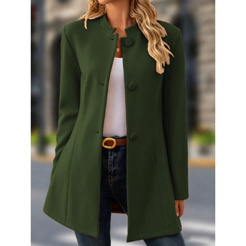 Women S Casual Stand Collar Mid Length Woolen Coat For Daily Wear