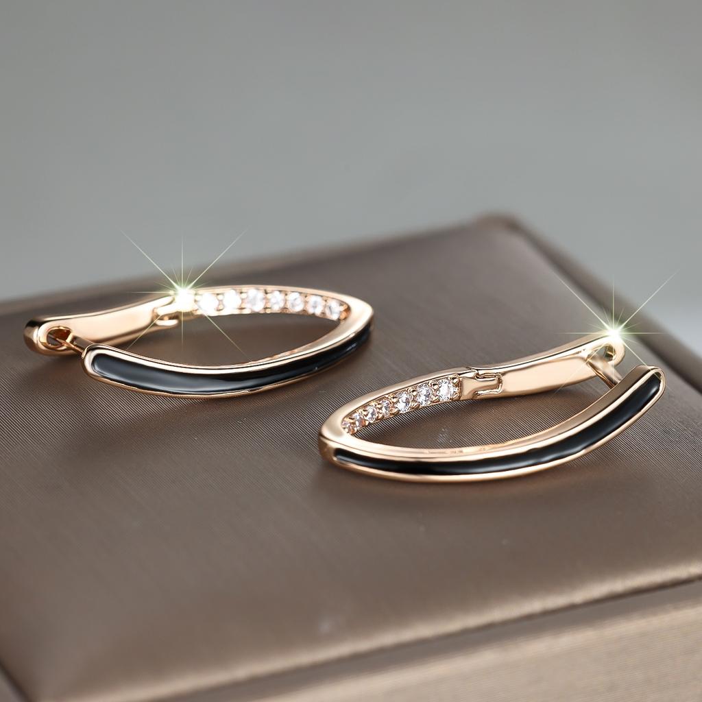 Luxury Small White Zircon Stone Black Enamel Hoop Earrings For Women Vintage Female Fashion Gold Color Wedding Jewelry
