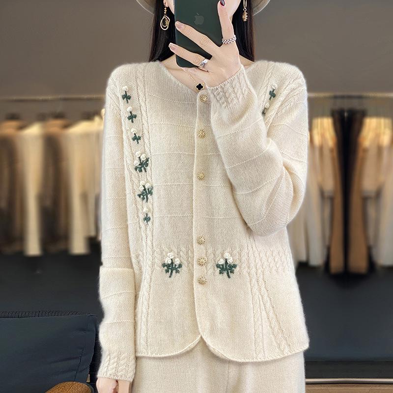 Korean Style High-Design Embroidered Wool Cardigan, Crew Neck, Long Sleeve Knitwear for Spring & Autumn