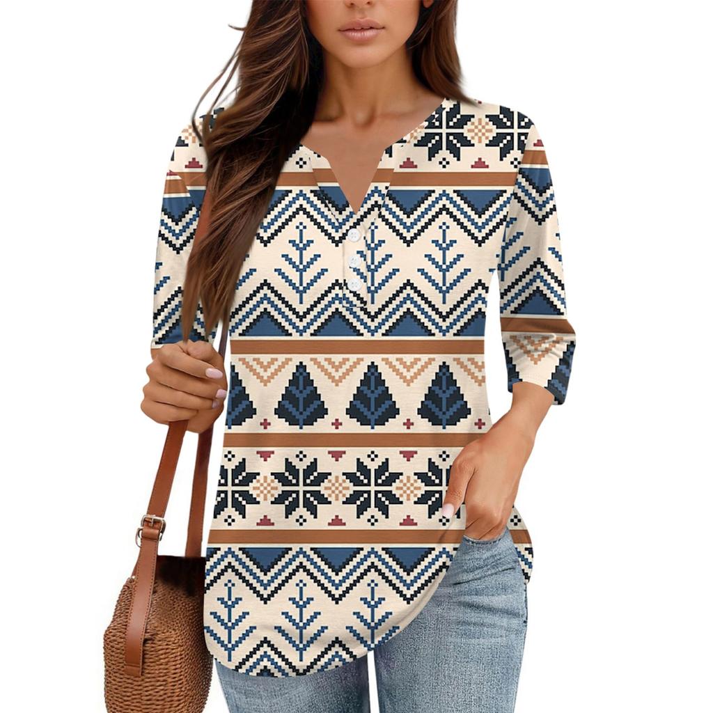 Damen V-Ausschnitt Freizeit Dreiviertelarm Knopf-Detail Top mit Blumenmuster