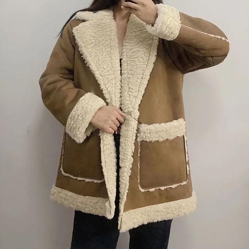WTEMPO Autumn Winter Women Warm Faux Fur Fleece Coat Lamb Wool Thick Locomotive Lapel Jacket Female Chic Outwear Top Clothing