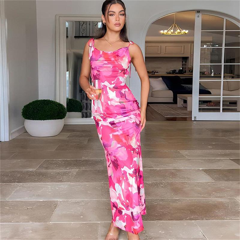 Fashion Floral Suspender Dress Sexy Open Back Split Lace Print Long Skirt High Waist Slim Summer Women's Dress