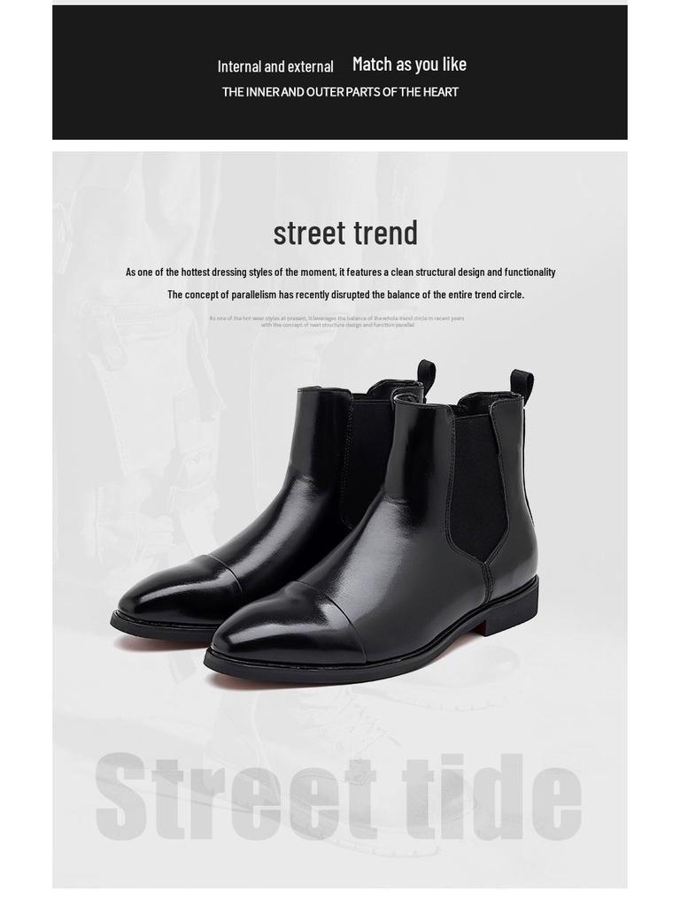 Men's Red Leather Pointed Toe Slip-On Chelsea Boots - High-Top Casual Martin Style, Plus Sizes Available