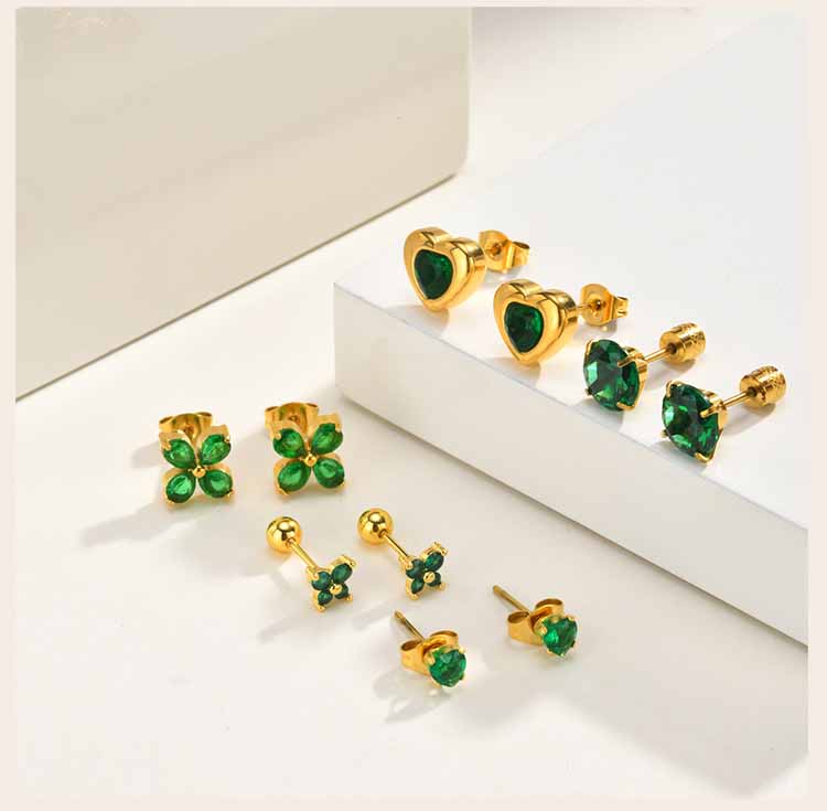 Heart Flower Emerald Green Zircon Stud Earrings Stainless Steel 18K PVD Gold Plated Tarnish Free Tiny Piercing Jewelry