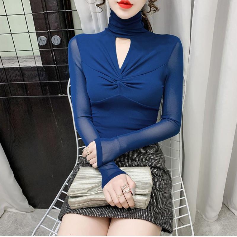Spring Autumn New Turtleneck Mesh Bottoming Shirt Women's Slim Fit Hollow Out Long Sleeved Tshirt Fashion Solid Color Top S-4XL