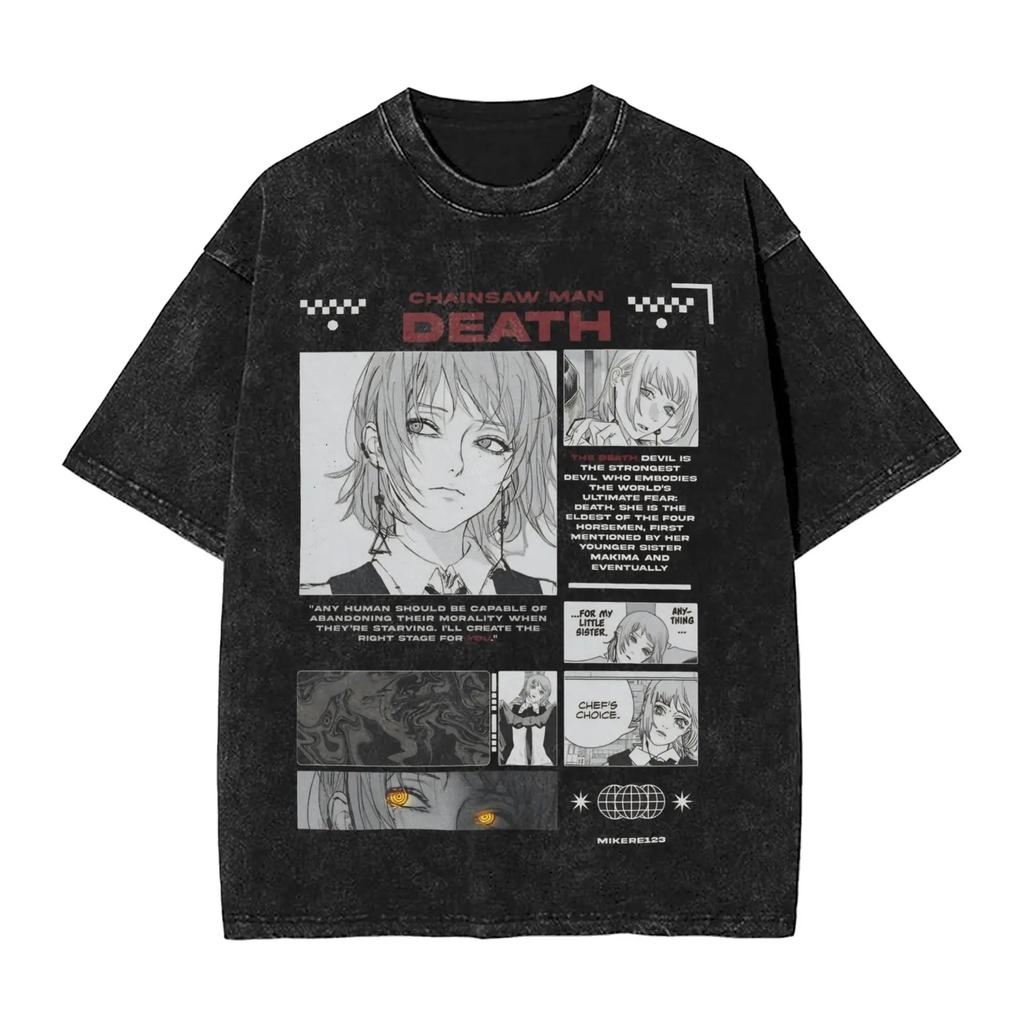 Anime Chainsaw Man Yoru T Shirt Hip Hop Gothic Washed Oversized T-Shirt Men Women Clothing Short Sleeve Cotton Tees Tops