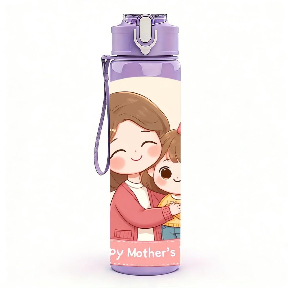 1PC Mom Daughter Floral Frame Cartoon Print 750ml Color Plastic Sports Water Bottle Leakproof Flip Straw Lid Suitable for Sports Office Home Use