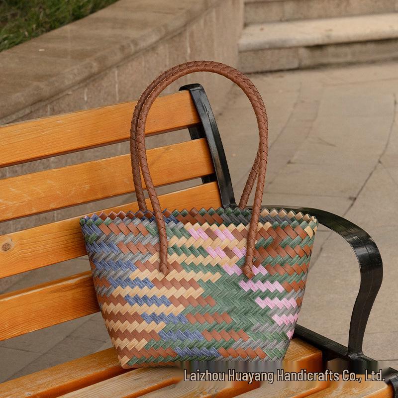 

Сумка Maillard Retro из искусственного ротанга с бамбуковой ручкой - большая вместимость, тоут с цветными блоками