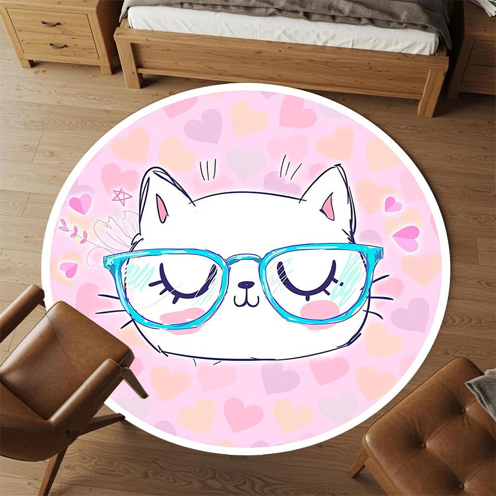1pc white cat, glasses Round Chair mat Area Rug - Non-Slip, Floor Mat for Office, Bedroom, home decor Christmas Gift p0811308