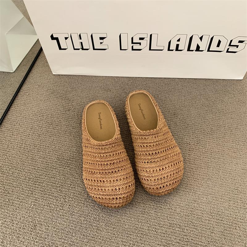 Woven Bag Head Wearing Half Slippers Women's 2025 Summer Beach One Pedal Bag Head Half Drag Muller Flat Slippers