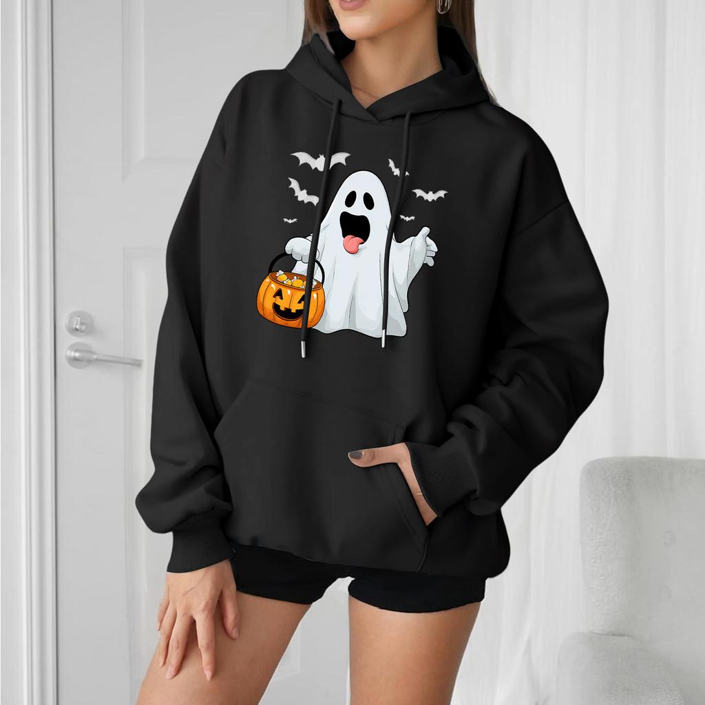 Dámský módní, ležérní, pohodlný svetr s kulatým výstřihem, s kapucí, s dlouhým rukávem, s halloweenským potiskem, hřejivý
