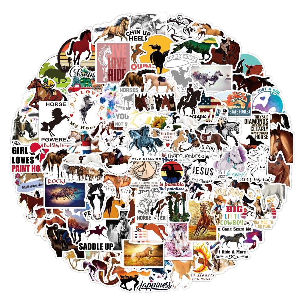 100-Piece Equestrian Graffiti Cartoon Horse Waterproof Stickers for Notebooks, Scooters, and Suitcases