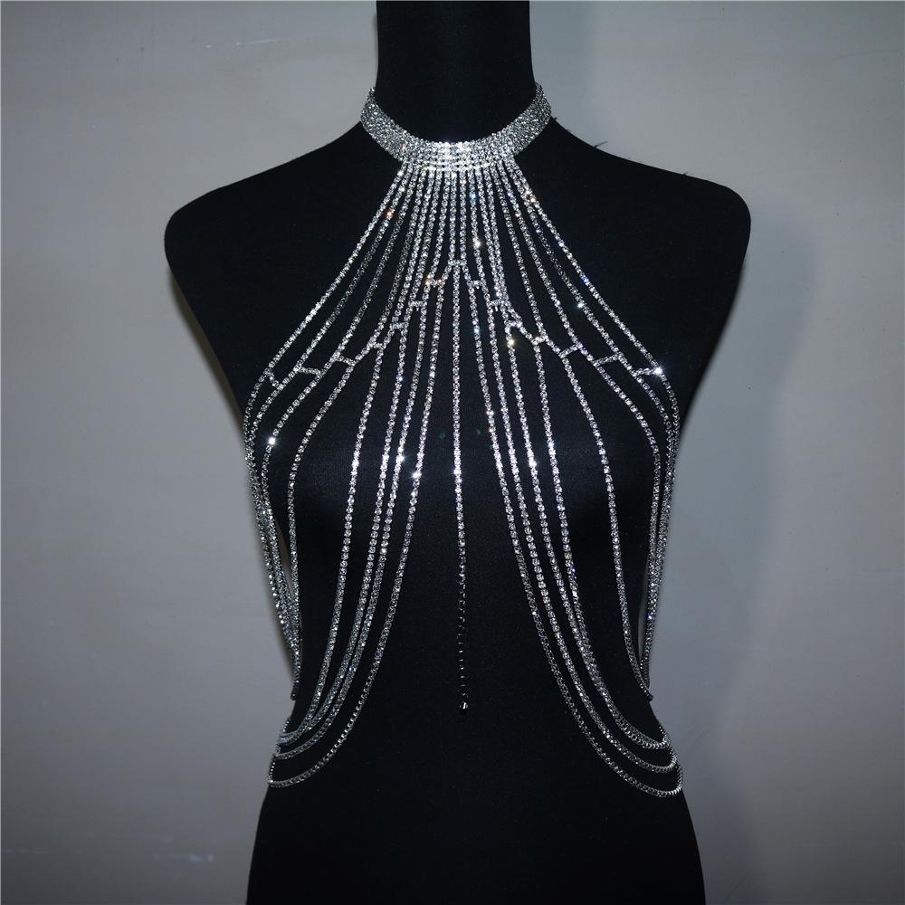 European And American Fashion Exaggerated Long Fringed Rhinestone Chest Chain Accessories, Nightclub Shiny Sexy Neck Chain Women'S Body Chain