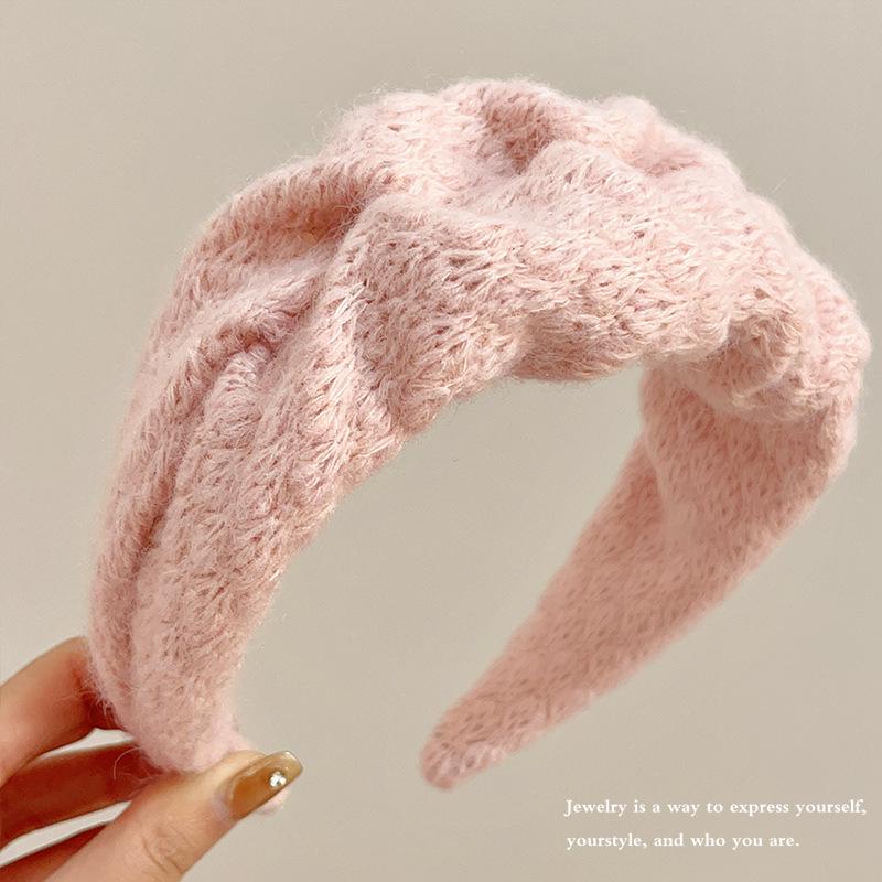 Woolen Pleated Wide Headband - Fluffy Knit Hair Tie for Makeup & Face Wash
