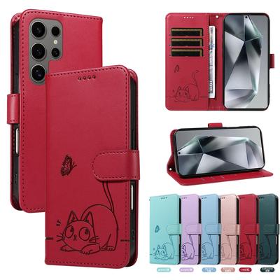 Magnetic Leather Wallet Flip Case for Samsung Galaxy S25 S24 S23 S22 S21 S20 Plus Ultra FE | Cat & Butterfly Embossed Design