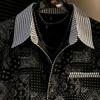 Men's Bandana Patchwork Striped Contrast Pocket Short Sleeve Button Down Shirt Casual Streetwear Top