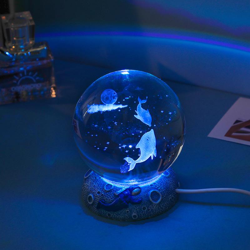 Cosmic 3D Crystal Ball Night Light with Seven-Color Resin Base