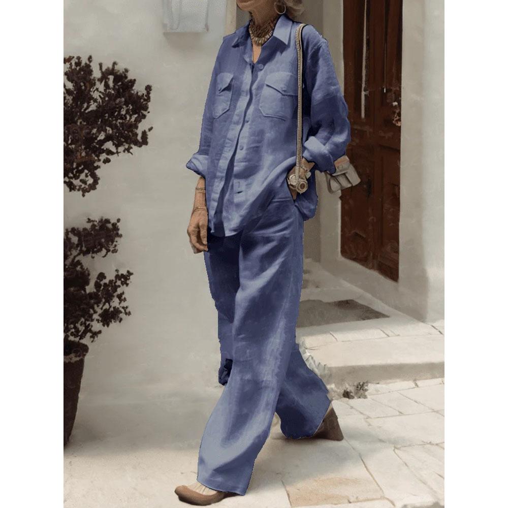 Fashion Loose Cotton Linen Trousers Green Sets Women's Spring Autumn Lapel Shirt Solid Pocket Wide Leg Pants Two Piece Sets
