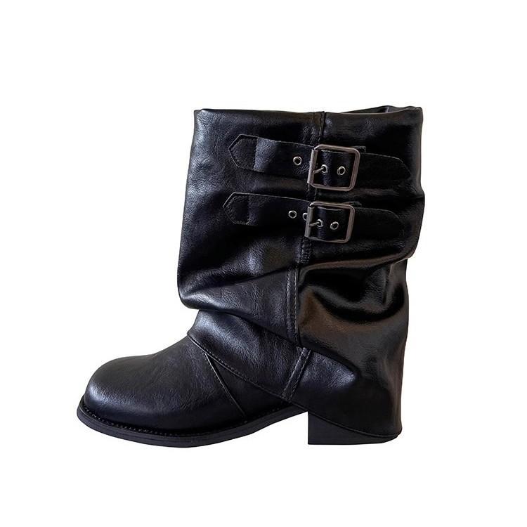 This year's popular short boots women's 2025 autumn and winter new leather black super fire trousers boots thick-soled foreign-style small short boots