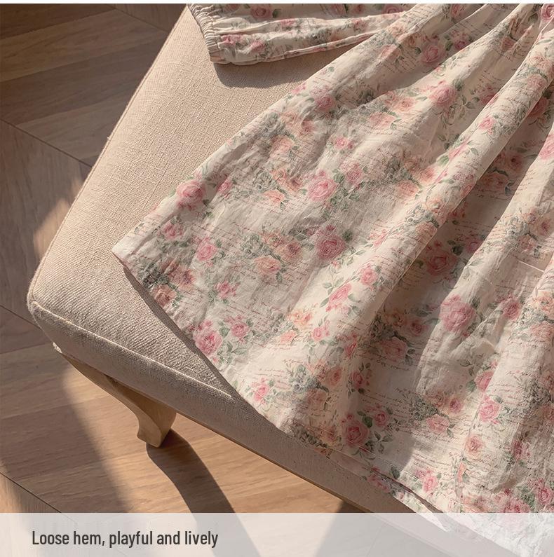 2026 Autumn French-Korean Style Doll Collar Girls' Printed Long Sleeve Dress with Ruched Skirt