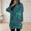 Women Plus Size Round Neck Long Sleeve White Blue Butterfly Print Loose Longline Top With Pockets