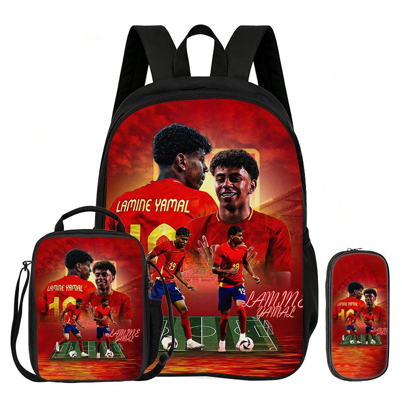 Football Sport Backpack with Lunch Bag Pencil Bags 3Pcs Set L-Lamin Yamal School Backpack Bookbag Football Star Knapsack