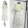 Women Summer Vintage Two Pieces Set Slim Short Sleeve T-Shirt Fruit Printed Skirt Suit High Waist Long Pleated Skirt Casual Suit
