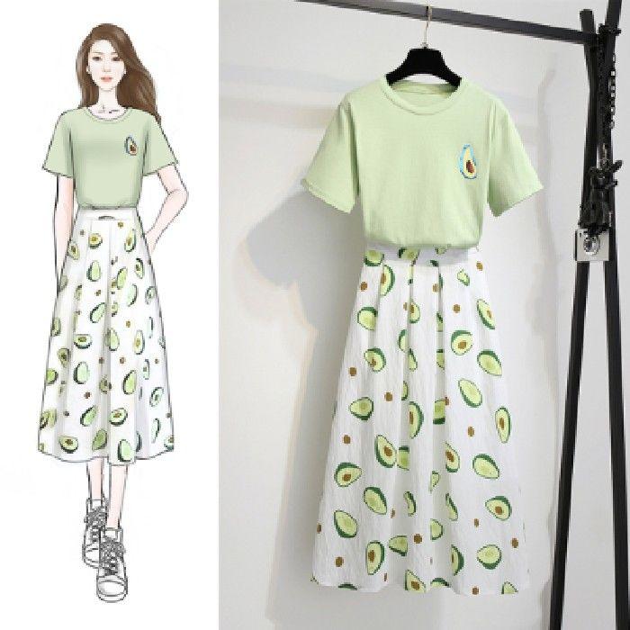 Women Summer Vintage Two Pieces Set Slim Short Sleeve T-Shirt Fruit Printed Skirt Suit High Waist Long Pleated Skirt Casual Suit