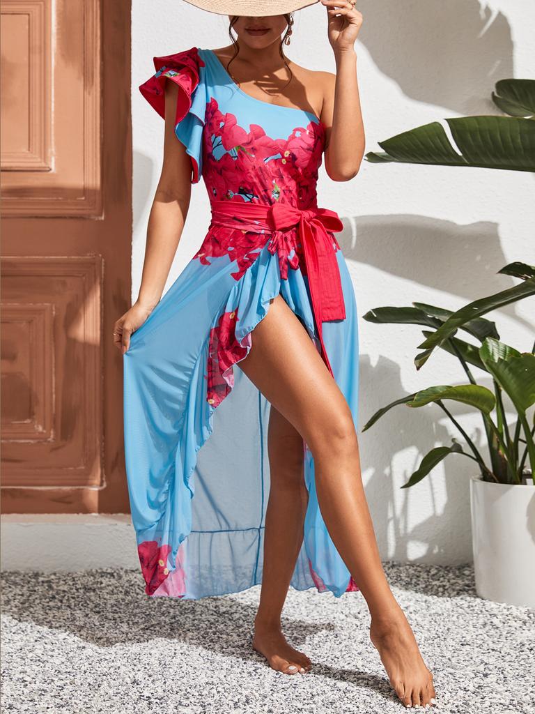 Ashgaily Ruffle One Piece Swimsuit Women Swimwear with Belt Push Up Monokini Swim Suit Print Bathing Suit Beachwear