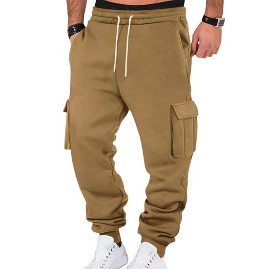 Men Cargo Pants Mid-rise Adjustable Waist Drawstring Casual Trousers with Reinforced