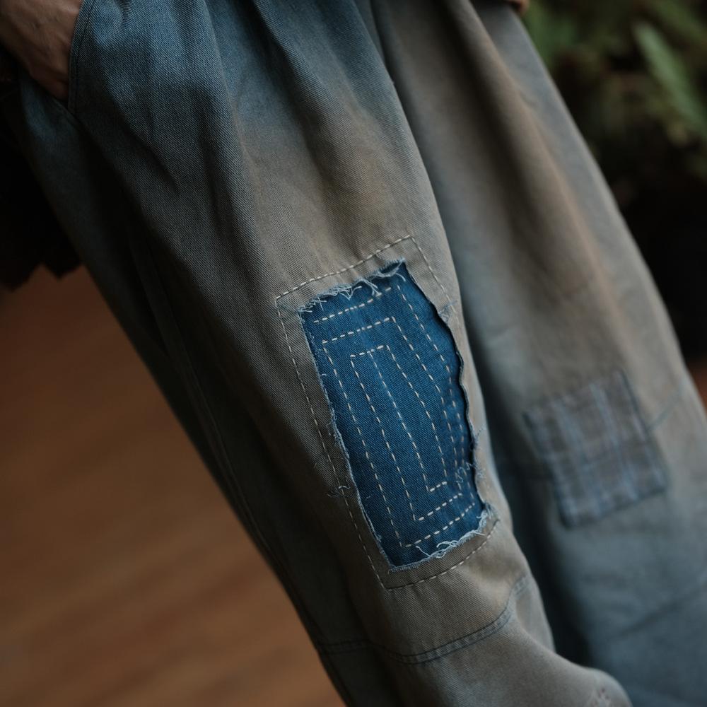 Johnature Pantaloni de damă vintage patchwork cu picior larg, talie elastică, largi, de primăvară, pantaloni lungi casual