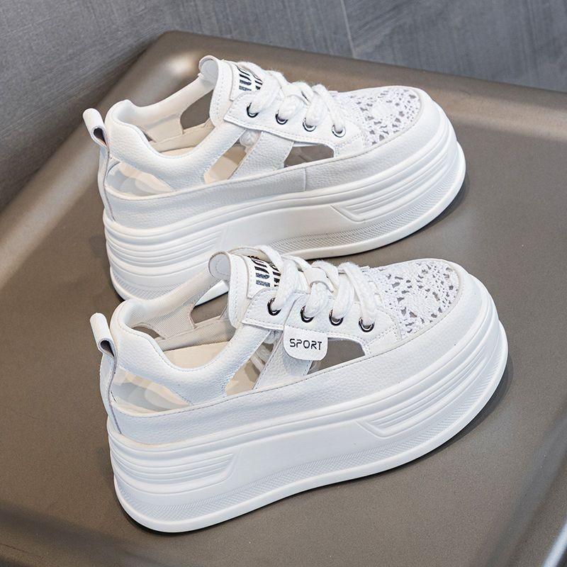 

Hollow bag head slippers round head small man looks tall summer wear new thick heel sandals 35 белый