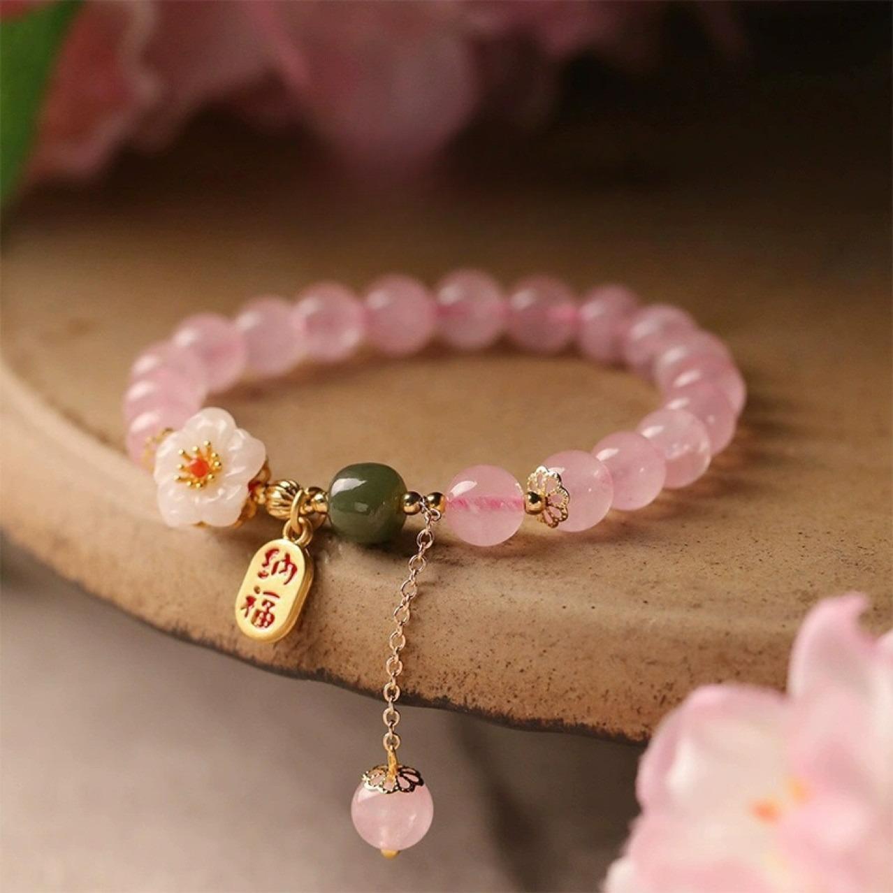 Ladies Sweet Rose Quartz Tassel Bracelet Peach Blossom Floral Design Mixed Material Travel Memorial Accessory