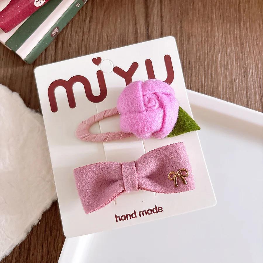 2pcs Pink Kids Barrettes Flower and Bow Fabric Bow Children Baby Hair Clips Hairpins BB Girl's Bangs  Hairpins Kids Accessories